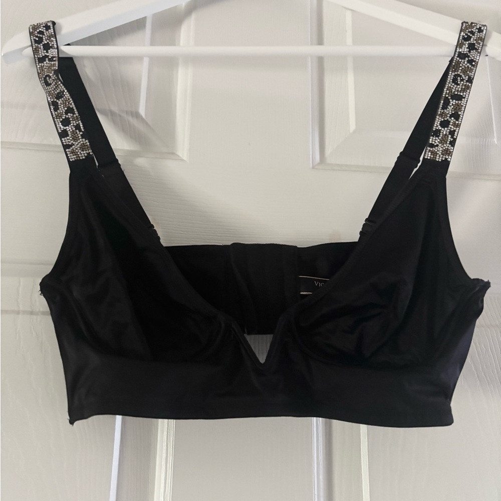 Victoria's Secret Black Satin Bralette with Embellished Leopard Straps